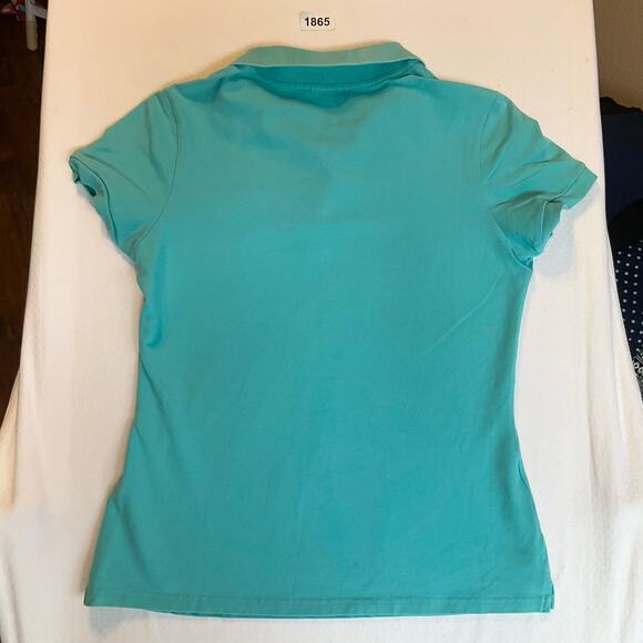 Express Women Polo Shirt Size M Teal Blue Short Sleeve Stretch Embroidered Lion - Picture 7 of 7